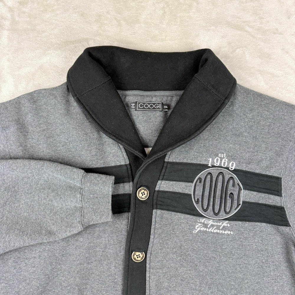 COOGI Cardigan Mens 2XL Gray Black Embroidered Sweater Hip Hop Street Skate Y2K